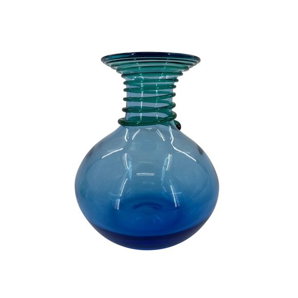 Blenko 5318 Hand-Blown Blue Glass Vase With Ribbed Neck - Picture 1 of 7